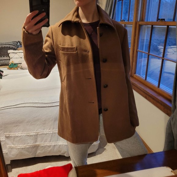 EUC Journal Standard Japan Women's Tan Wool Coat Sheep Skin Chin Strap Brown XL - Picture 2 of 5